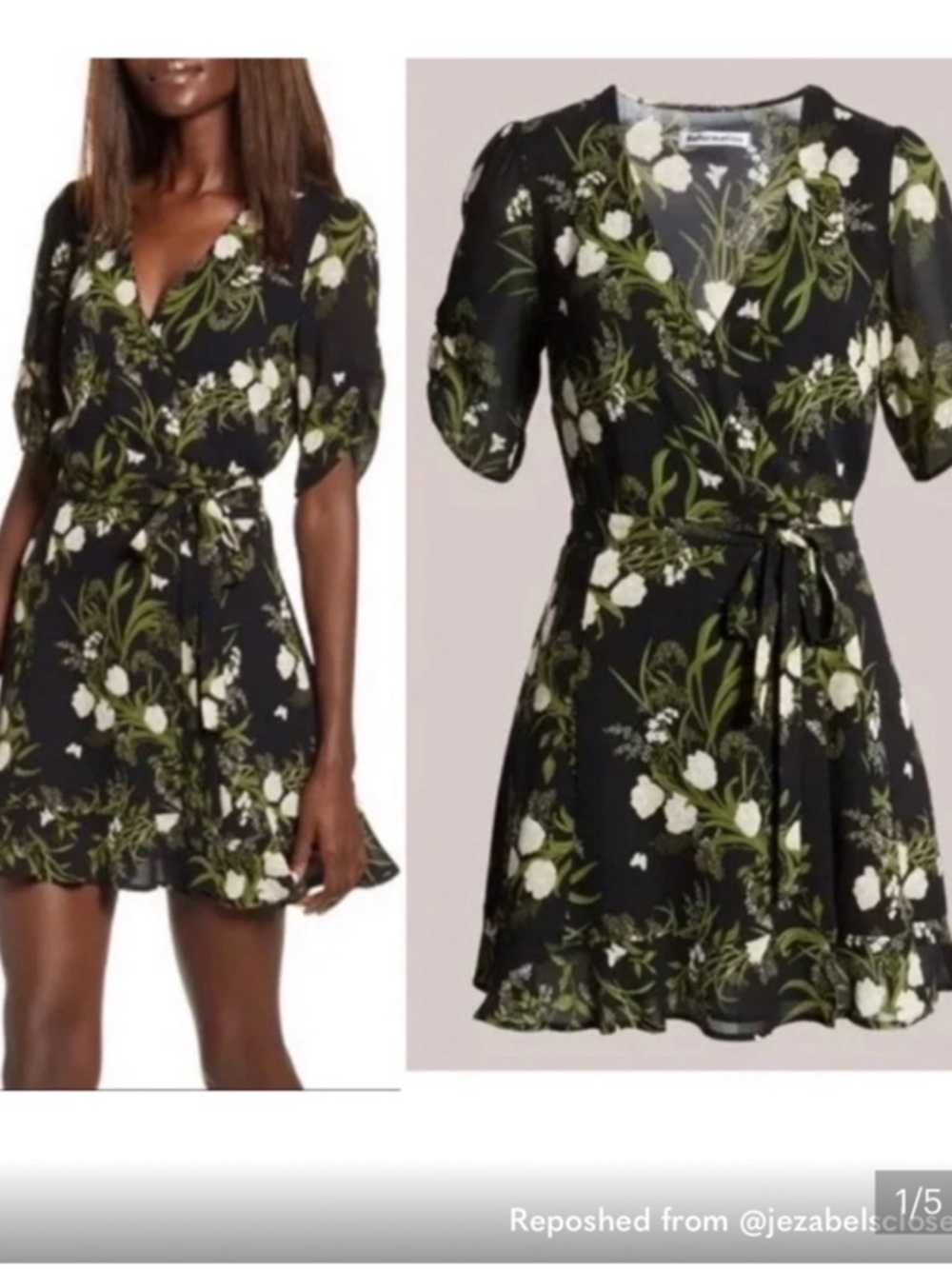 Reformation Black Floral Wrap Mini Dress, Size M